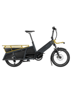 Vélo cargo électrique Riese & Müller Multitinker, cadre gris anthracite et porte-bagages jaunes