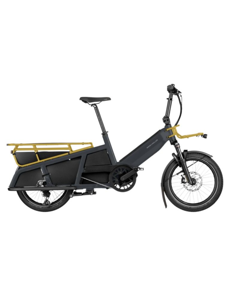 Vélo cargo électrique Riese & Müller Multitinker, cadre gris anthracite et porte-bagages jaunes